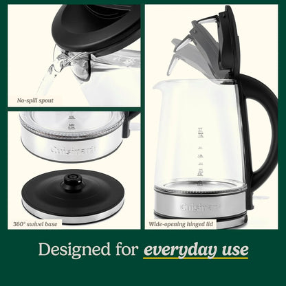 Cuisinart 1.5L Glass Kettle, Illumination, BPA-Free, Easy-Pour Nondrip Spout, Hinged Lid Opening, 1-Cup Marking, and 360-Degree Rotational Base, Auto Shut-Off