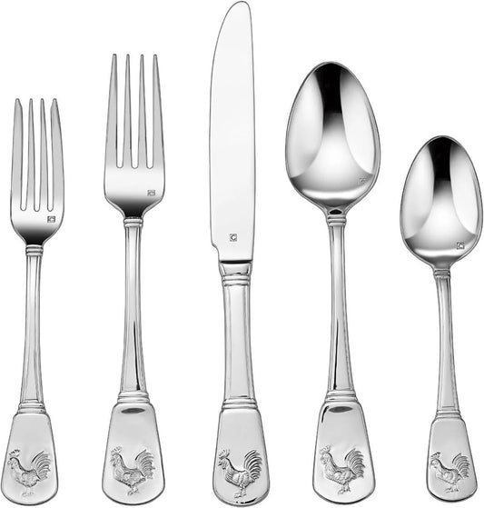 Cuisinart CFE-01-FR20 20-Piece Stainless Steel Flatware Set – French Rooster Pattern, Heavy-Gauge Handcrafted Silverware, Dishwasher Safe