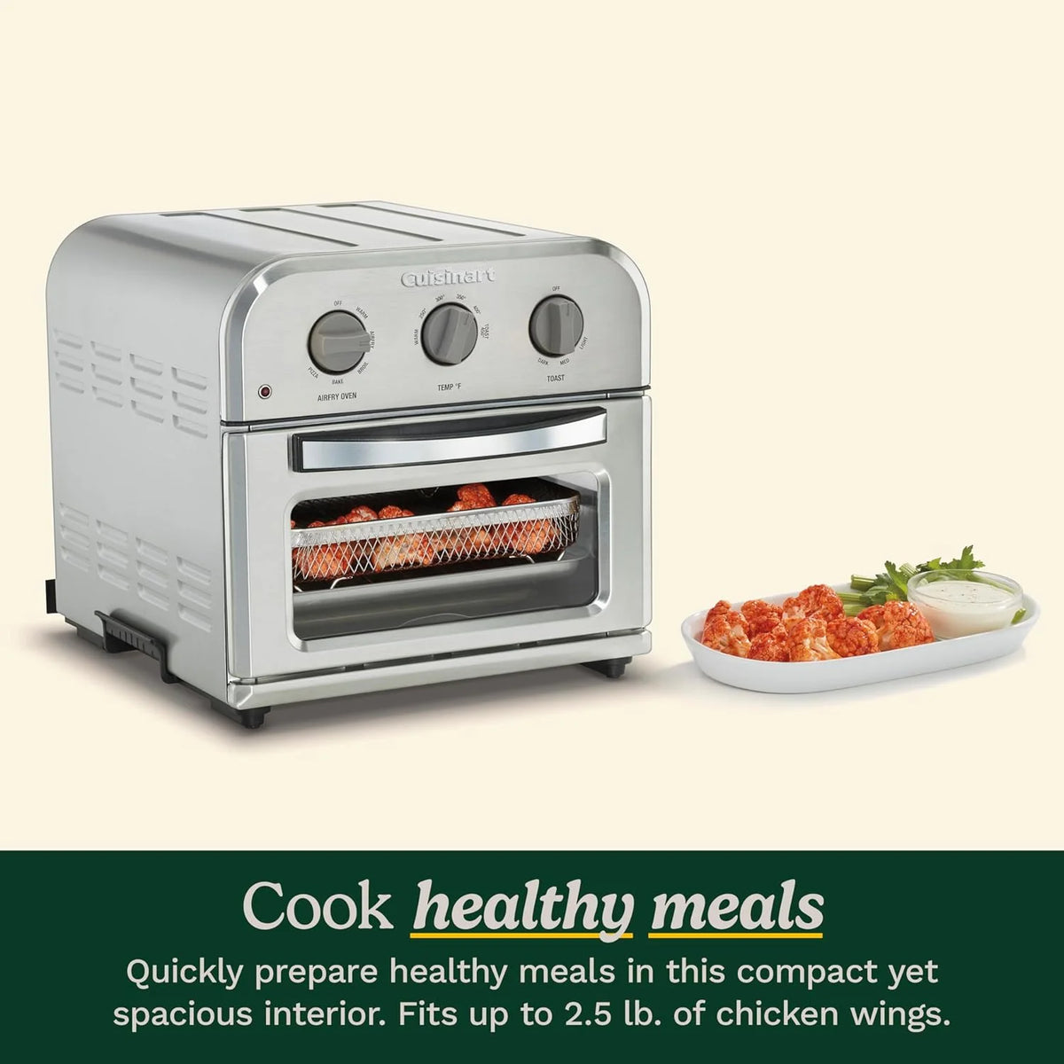 Cuisinart Compact Air Fryer Toaster Oven, Stainless Steel Fryer with 6-in-1 Functions, Adjustable Temperature, Includes Oven Rack, Baking Pan and Air Fry Basket, TOA-26