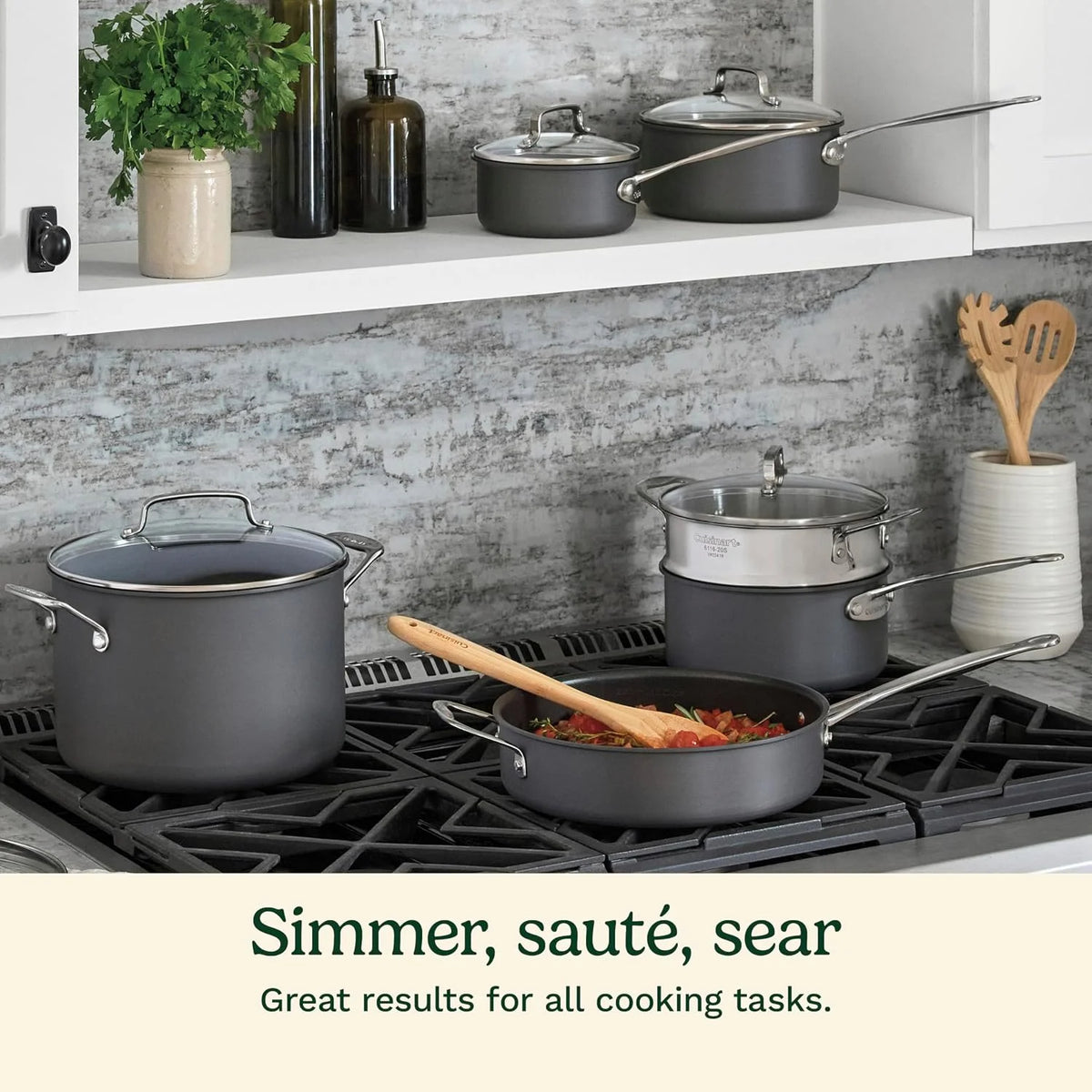 Cuisinart 17-Piece Pots and Pans Set, Non Stick Hard Anodized Cookware Set, Compatible with Electric, Gas Cooktops, Dishwasher Safe, Oven Safe Pot Set, Cool Grip Handles, Aluminum Core for Even Heat