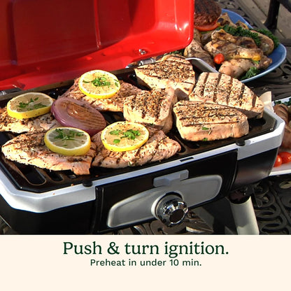 Cuisinart Petite Gourmet Portable Gas Grill, Compact Portable Grill Propane, 150 Sq. In. Cooking Surface, 5,500 BTU Burner Small Gas Grills for Camping, BBQ, Folding Legs and Carry Handles, Red