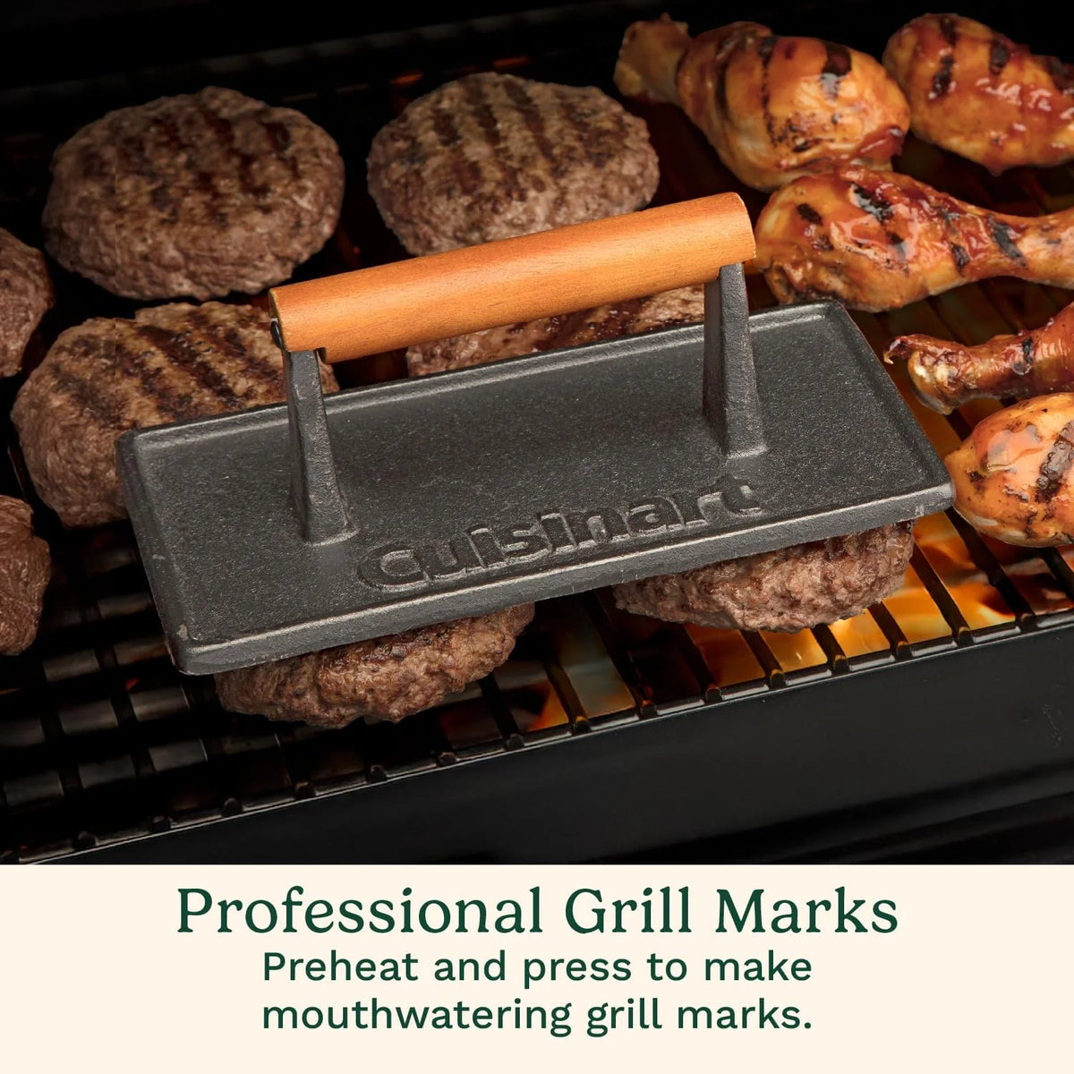 Cuisinart Cast Iron Grill Press with Wooden Handle,Heavy Duty Nonstick Rectangle Burger Press with Wood Handle,Perfect Grill Accessory for Steak,Bacon,Paninis and More,(Pack of 8)
