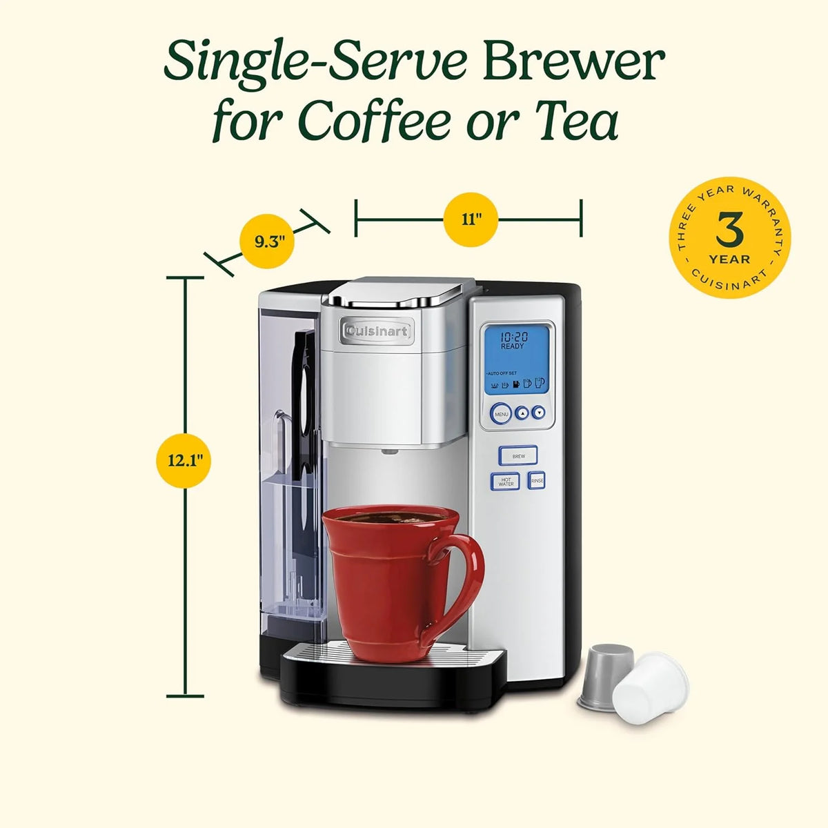 Cuisinart Coffee Maker, Single Serve 72-Ounce Reservoir Pod Coffee Machine, Programmable Brewing & Hot Water Dispenser, 5 Cup-Size Settings, Stainless Steel, SS-10P1, Silver