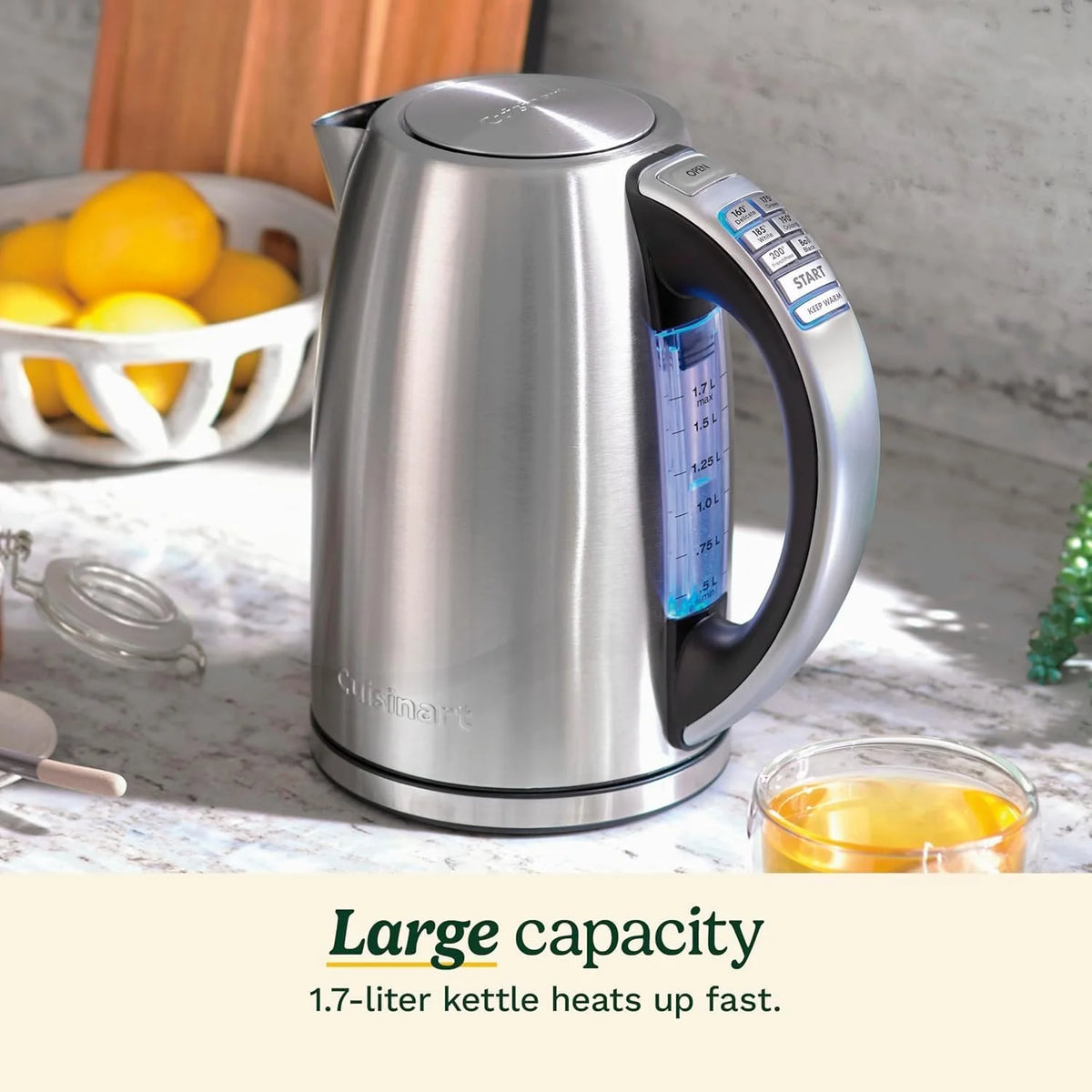 Cuisinart PerfecTemp 1.7-Liter Electric Kettle, Cordless Electric Tea Kettle, 1500W for Fast Heat-Up, 6 Preset Temperatures, 30-Minute Keep Warm, Stay Cool Nonslip Handle, Pistachio Stainless