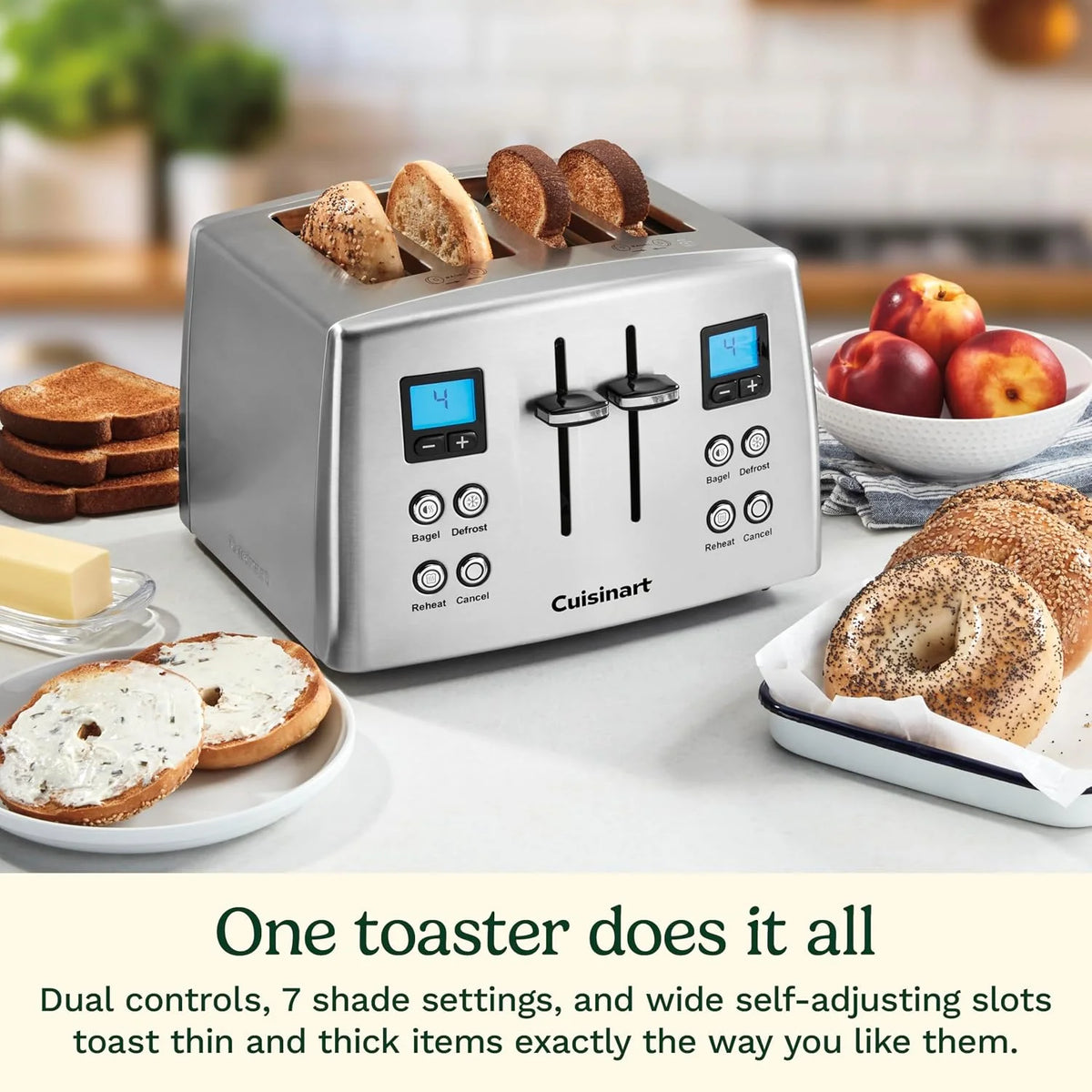 Cuisinart 4 Slice Countdown Motorized Toaster, Compact Design with Extra-Wide Slots for Toasting, Defrost & Reheat Functions, CPT-435P1, Stainless Steel