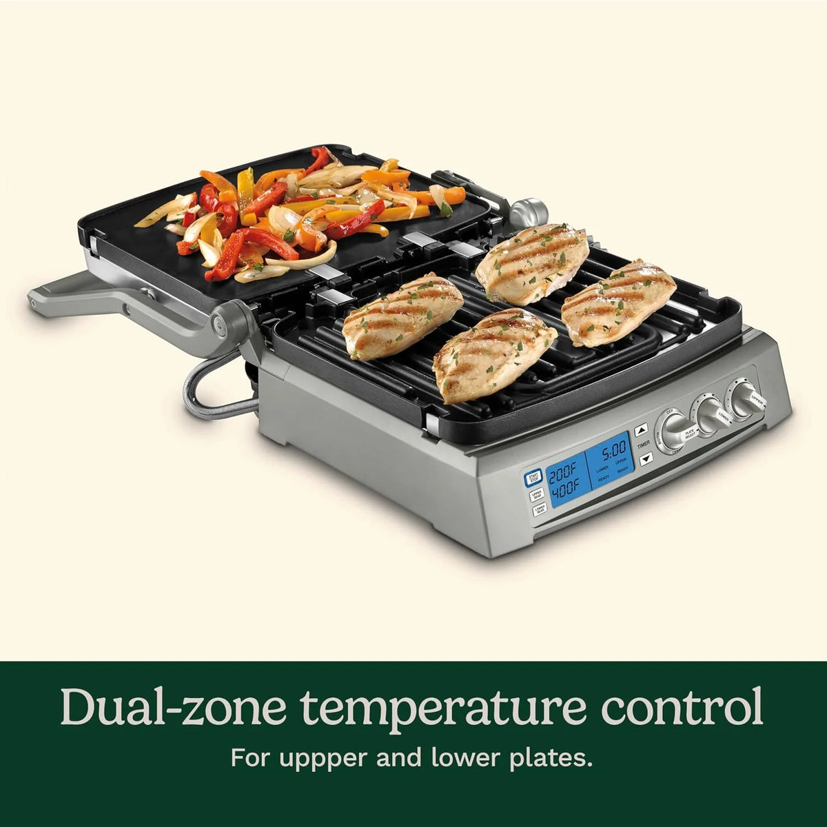 Cuisinart 6-in-1 Elite Griddler, Electric Grill, Griddle & Top Melt, 500°F Temperature Sear Function, LCD Screen, Dishwasher-Safe Cooking Plates, GR-300WSP1, Stainless Steel