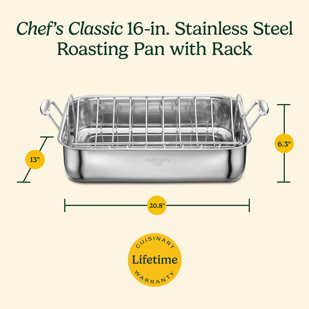 Cuisinart 16-Inch Roasting Pan, Induction Compatible Premium Rectangular Roaster Pan With Rack, Stainless Steel Roasting Pan with Rack, Large Capacity, Dishwasher Safe