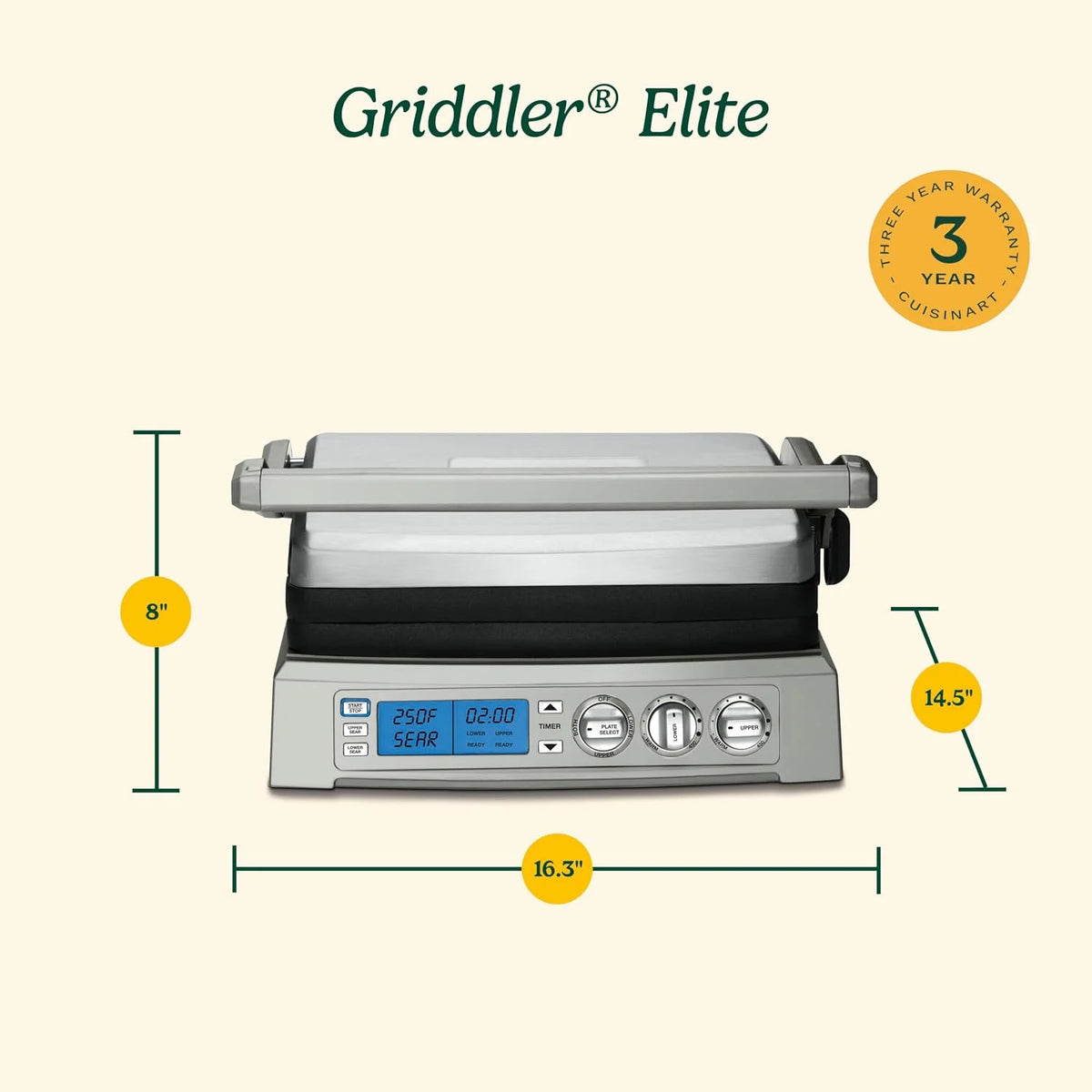 Cuisinart 6-in-1 Elite Griddler, Electric Grill, Griddle & Top Melt, 500°F Temperature Sear Function, LCD Screen, Dishwasher-Safe Cooking Plates, GR-300WSP1, Stainless Steel